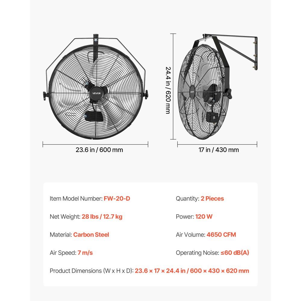 2x 120W Industrie-Wandventilator 60 cm, 7 m/s oszillierender Wandventilator mit 3 Stufen & verstellbarem Neigungswinkel, gewerblicher Industrieventilator für Werkstatt, Garage, Lager, Fitnessstudio, Schwarz