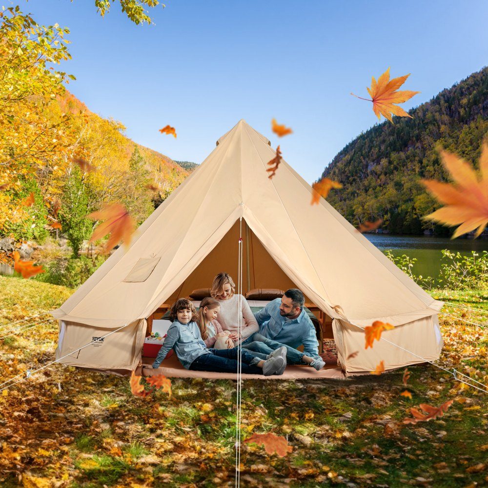 Tente cloche 4x2,5 m Tente de yourte TC coton et poteaux en fer robustes avec tapis de sol en PVC Tente de camping Tente familiale pour 6 personnes Tente de groupe à 8 fenêtres pour les aventures en plein air
