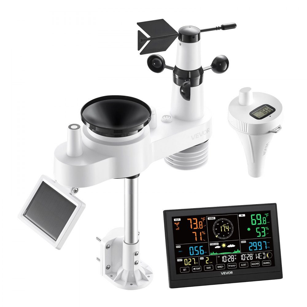 7-in-1 WiFi-weerstation met APP, 7,5-inch display, buitensensor op zonne-energie, met zwembadthermometer, regenmeter, weercentrum voor weersvoorspelling, windsnelheid, zwembadtemperatuur