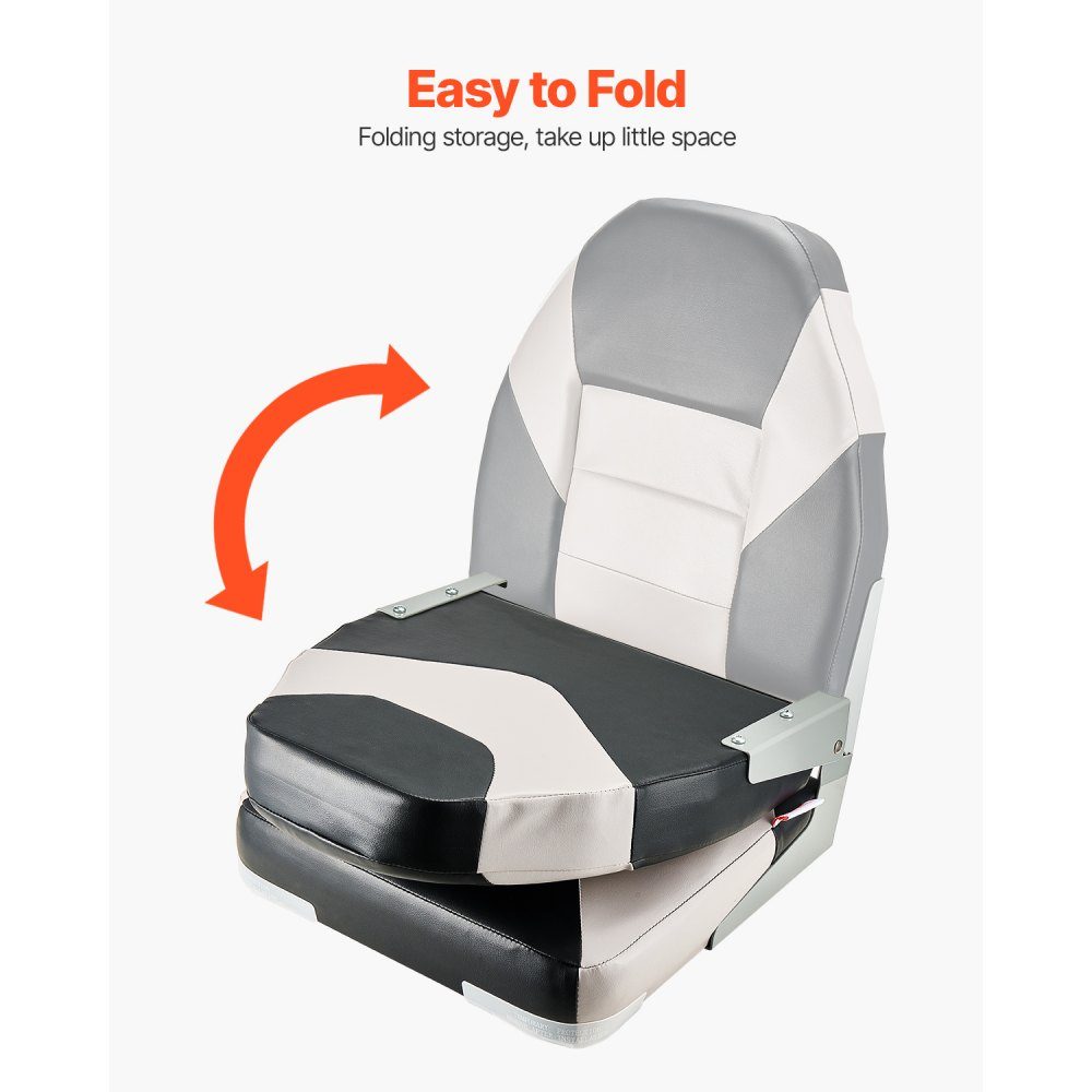 2pcs High Back Boat Seat Folding Fishing Boat Seat with Thick Sponge Cushion and Waterproof PVC Leather Aluminum Alloy Hinges Black Gray