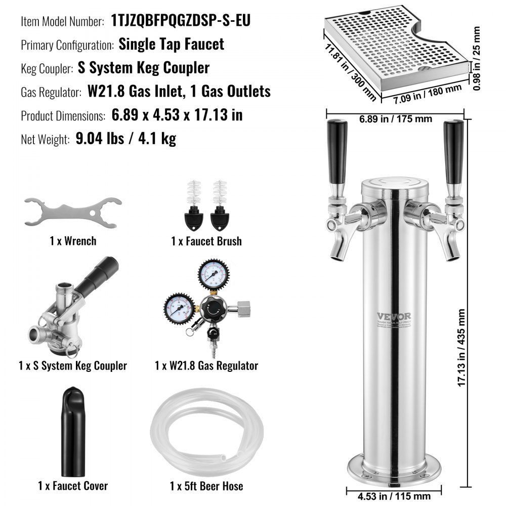 Beer Tower Kit, Single Tap Beer Conversion Kit, Stainless Steel Beer Tower Dispenser with Dual Gauge W21.8 Regulator and S System Keg Coupler, Beer Drip Tray for Home Party