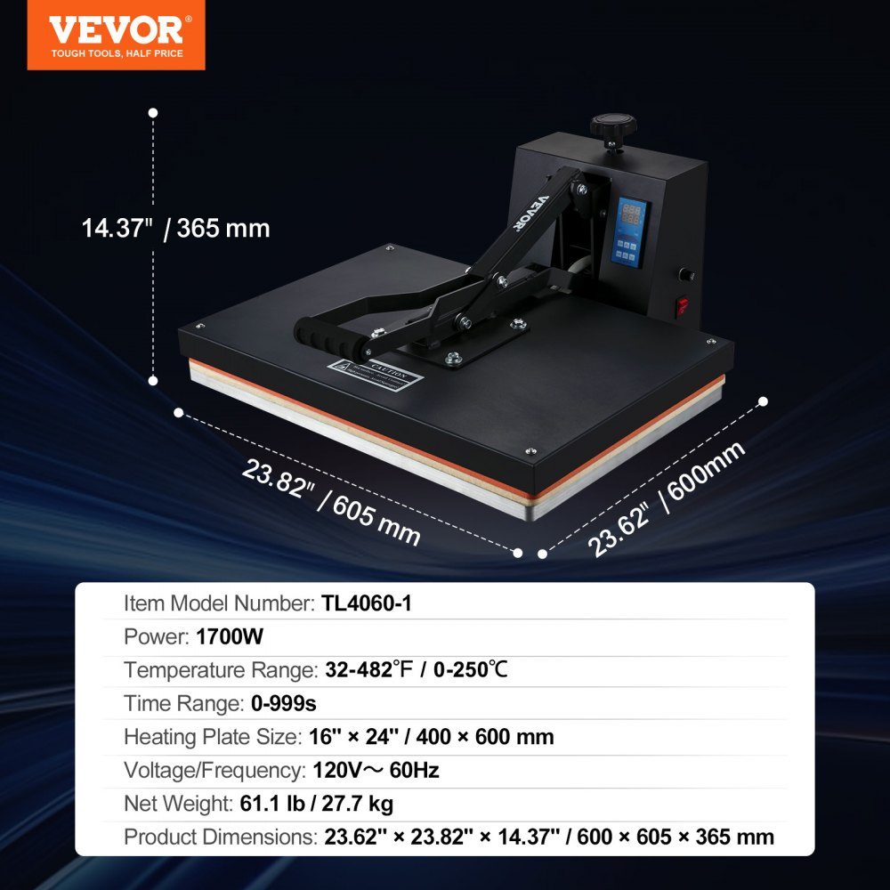Hot Air Press 1700W Power Fast Heating High Pressure Heat Press for T-Shirts Digital Industrial Sublimation Printer for Heat Transfer Vinyl 406x610mm