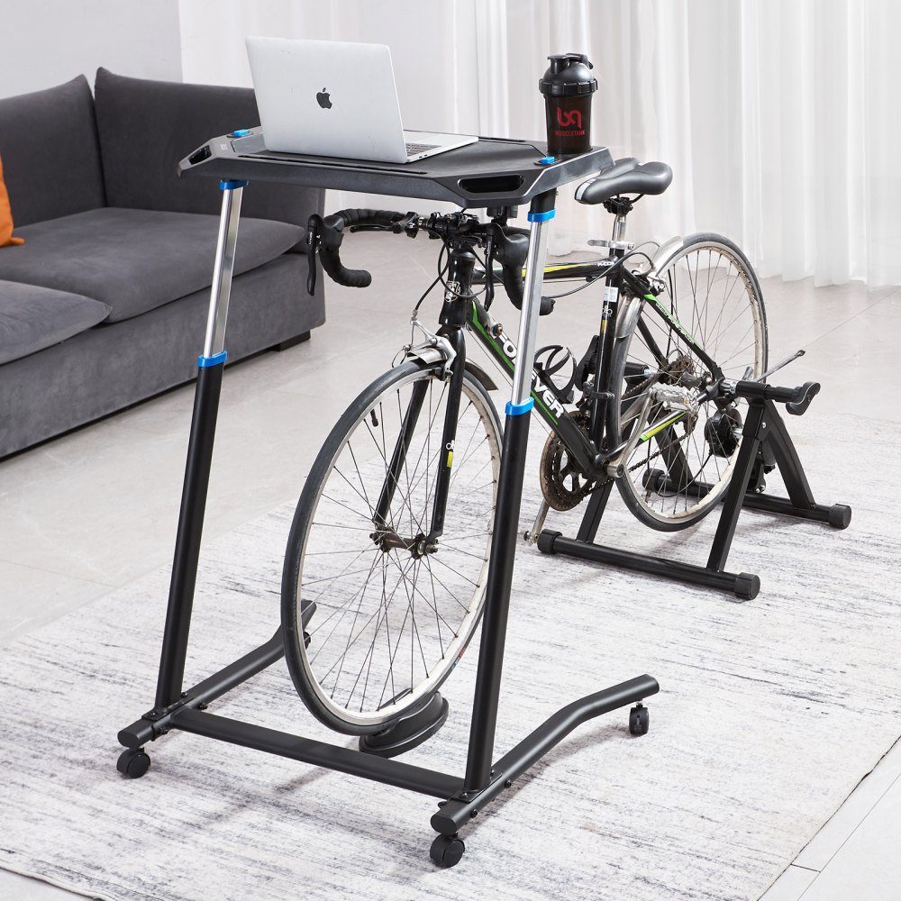 Fietstafel stationair opklapbaar verstelbare fietstrainer en loopbandtafel met vergrendelbare wielen, antislip fitnesstafel met meerdere sleuven voor fietstrainer en stuur