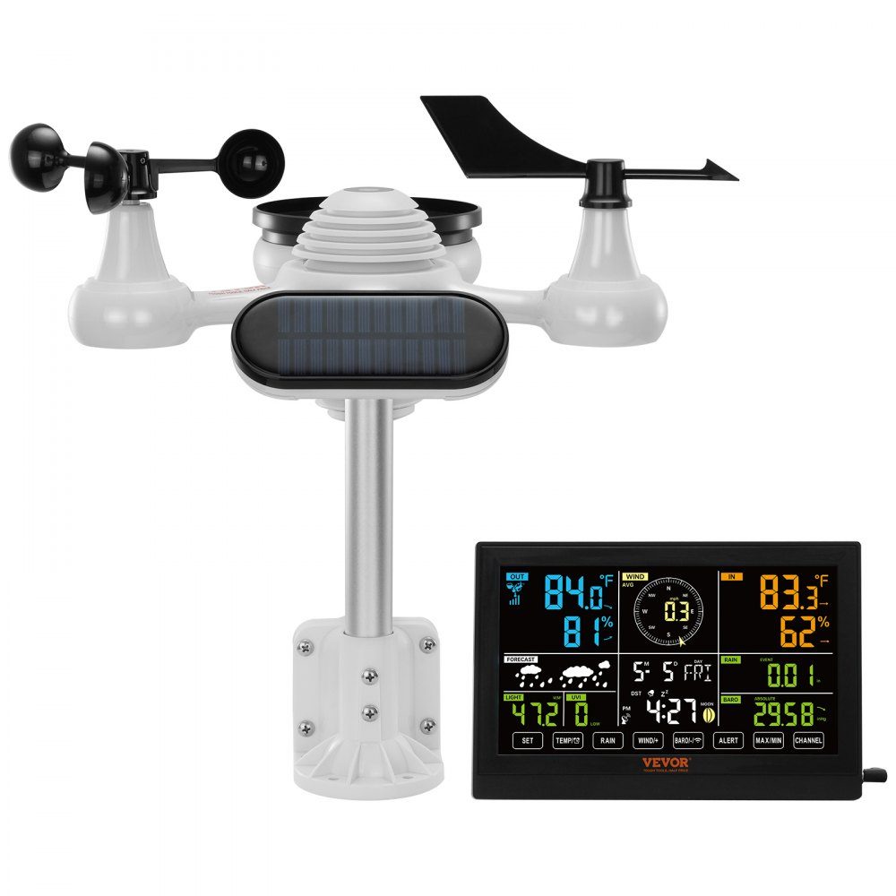 7 in 1 Weather Station, Wireless Weather Station with Outdoor Sensor, 190.5mm (7.5") Color Display, RCC Atomic Clock for measuring wind direction, wind speed, air pressure, indoor/outdoor temperature and humidity, moon phase