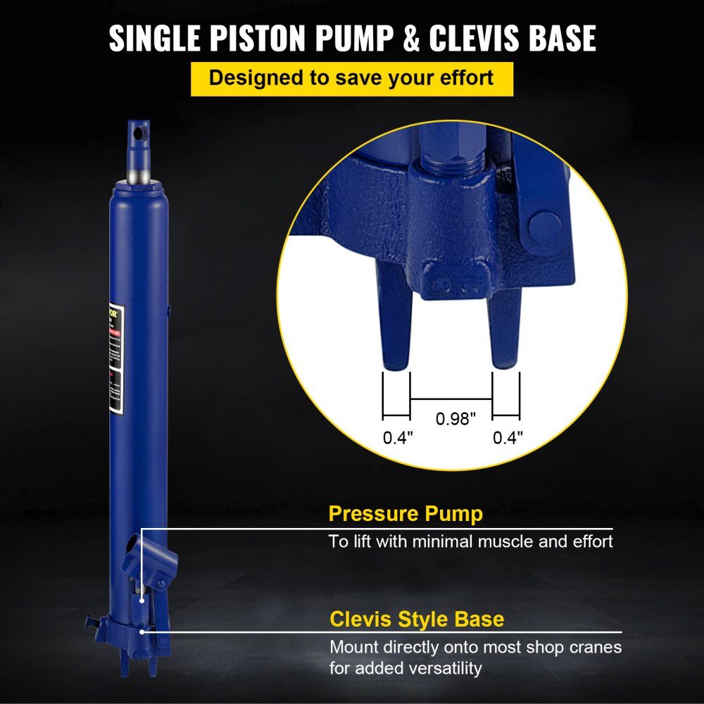 Cric hydraulique long 8T avec pompe à piston unique et base à chape, cric à plate-forme élévatrice manuelle avec poignée pour grues d'atelier, palans à moteur, bleu
