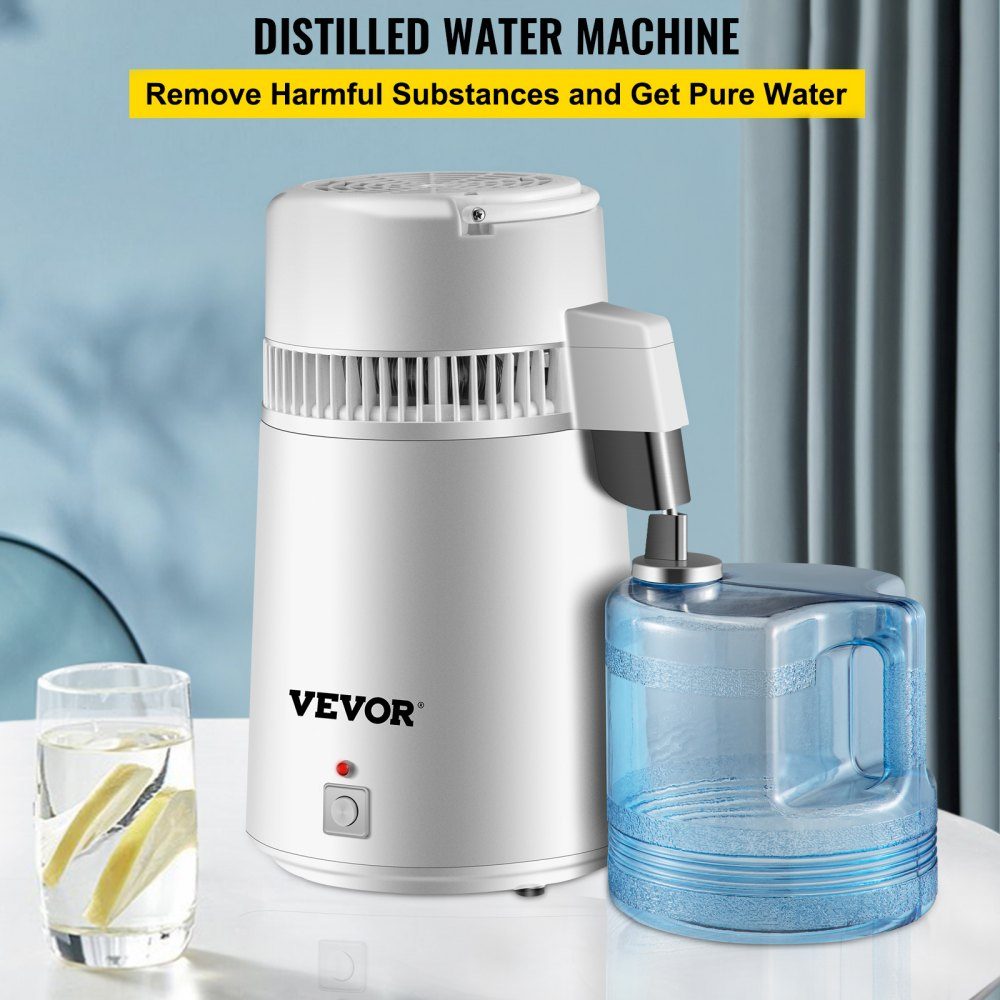 Waterdestilleerder drinkwater, 750W waterdestilleerder 1,3 L/H distilleerder waterdestilleerder, 304 roestvrijstalen witte distilleerder met handvat, thermostaat