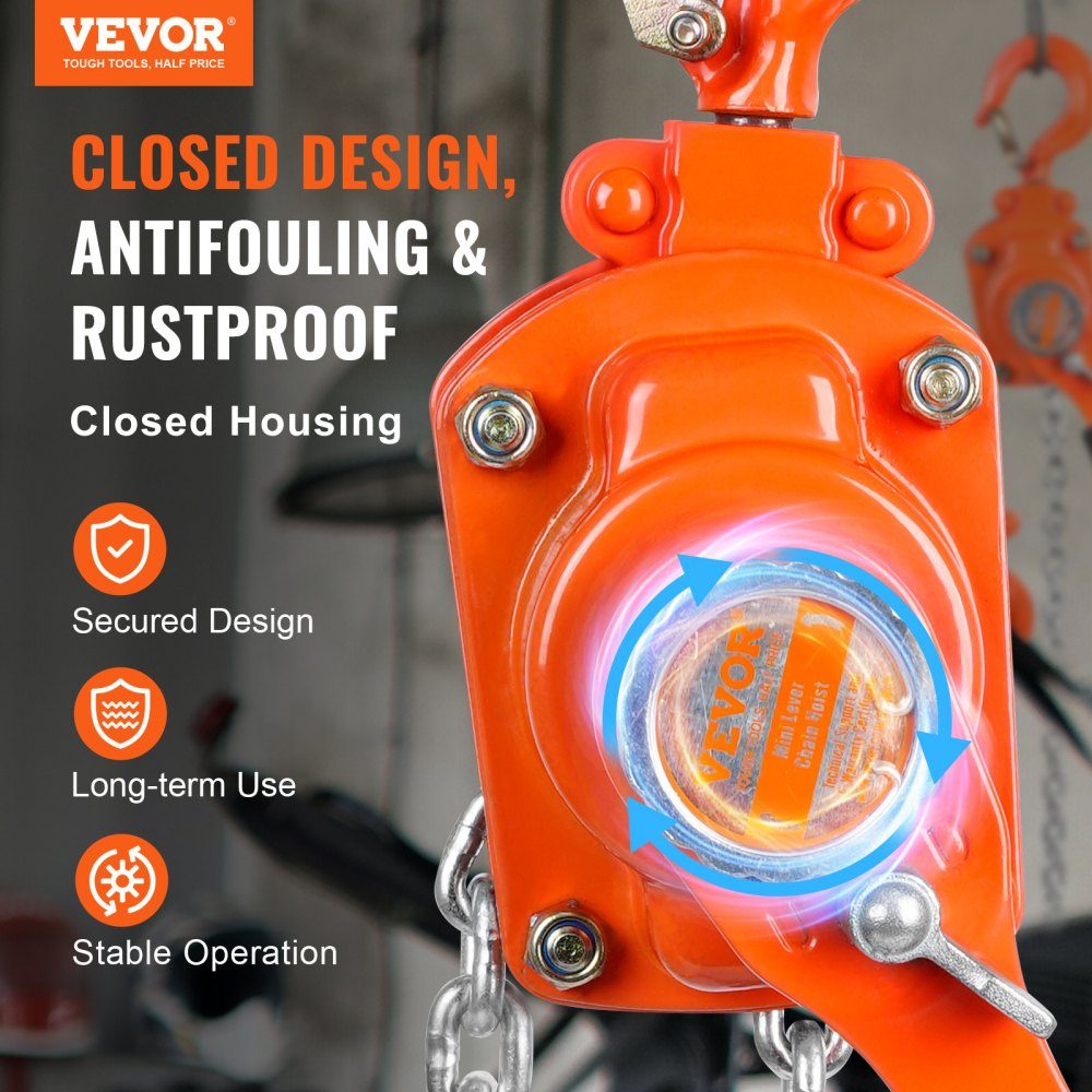 Mini lever hoist, 0.25 ton capacity, chain hoist, 260 N pulling force, pulley block, 1.40 m lifting height, ratchet hoist, 4 x 12 mm lifting chain size, Weston double pawl brake, 360° rotating hook hand chain hoist