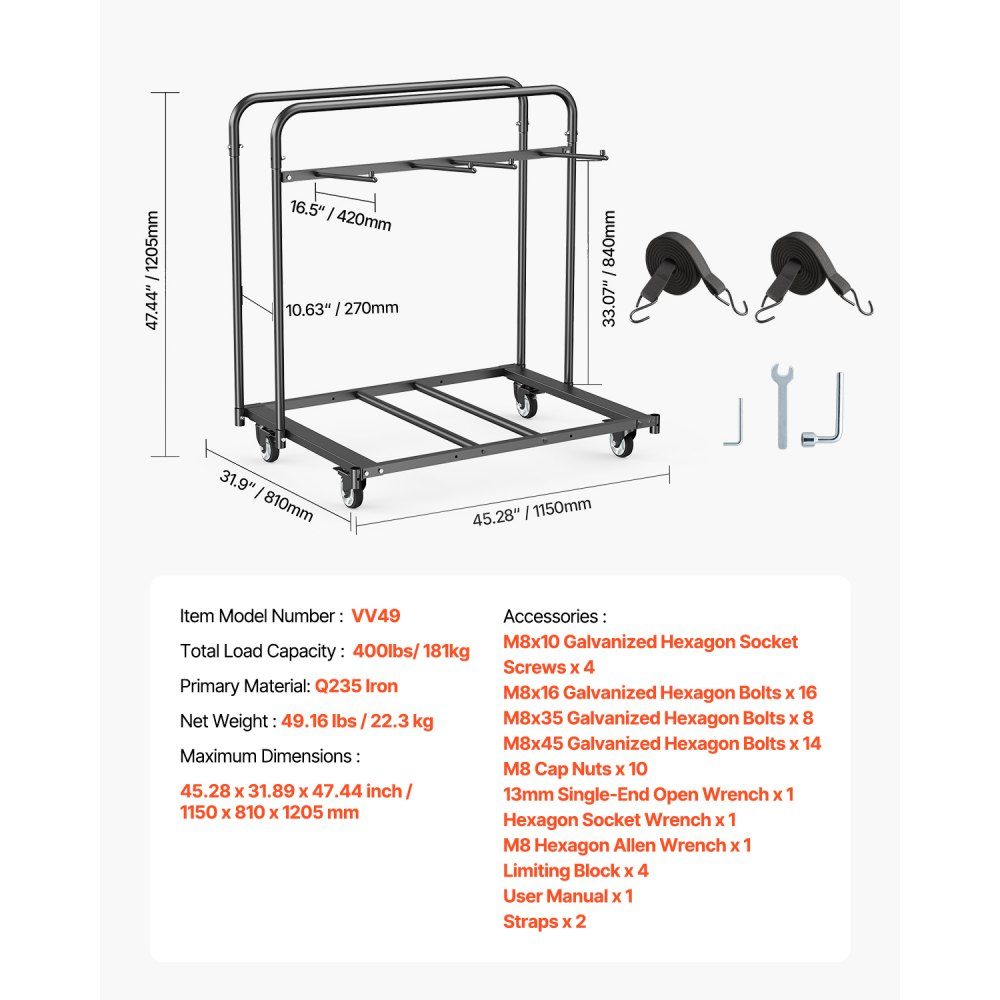 Stuhlwagen, Klappstuhlwagen, 180 kg, für 5 Tische + 14 Stühle, Stuhlaufbewahrungswagen mit Stuhlhalter mit Lenkrollen & Feststellrädern, für Partyveranstaltungen, Hotels, Mattschwarz
