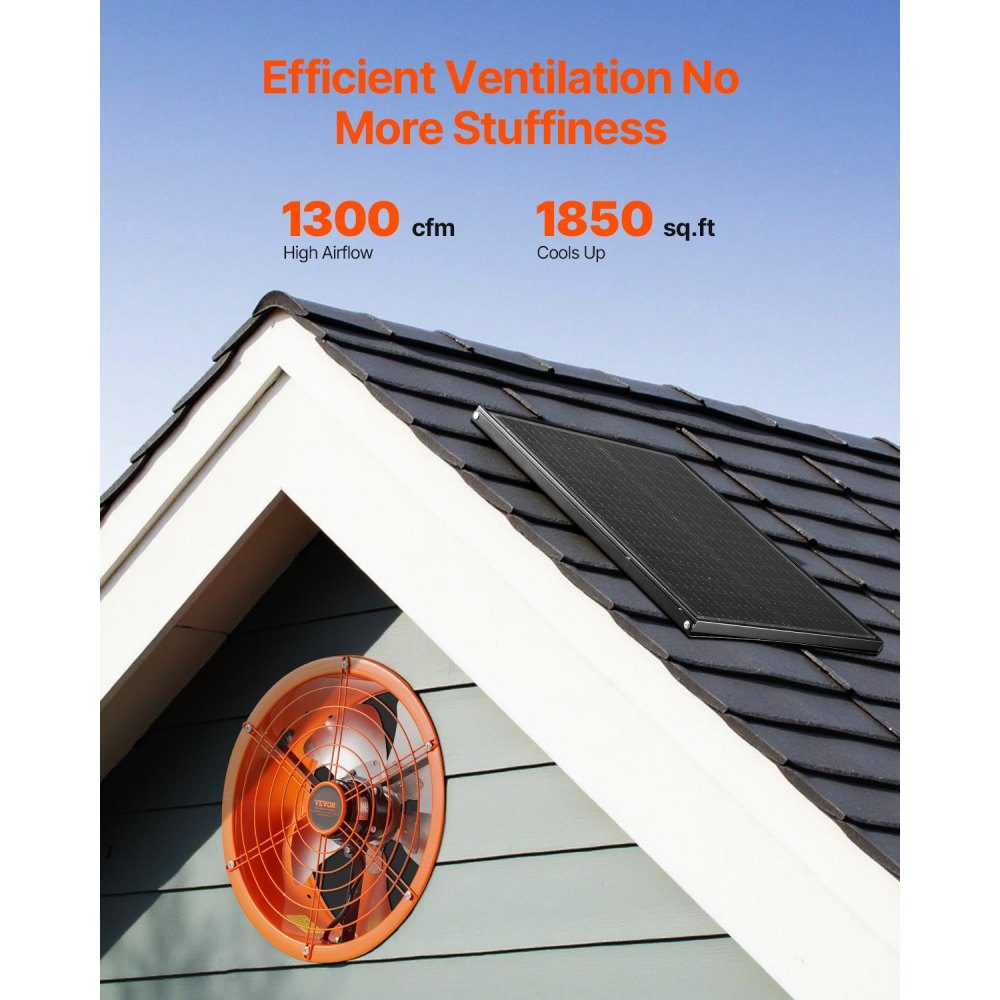 Ventilateur Solaire 400x150mm Ventilateur d'extraction de Grenier à énergie Solaire avec Thermostat réglable Grille extérieure Capacité de débit d'air de 1300CFM pour Atelier de Garage à Toit à Pignon – Réf. HT-22828