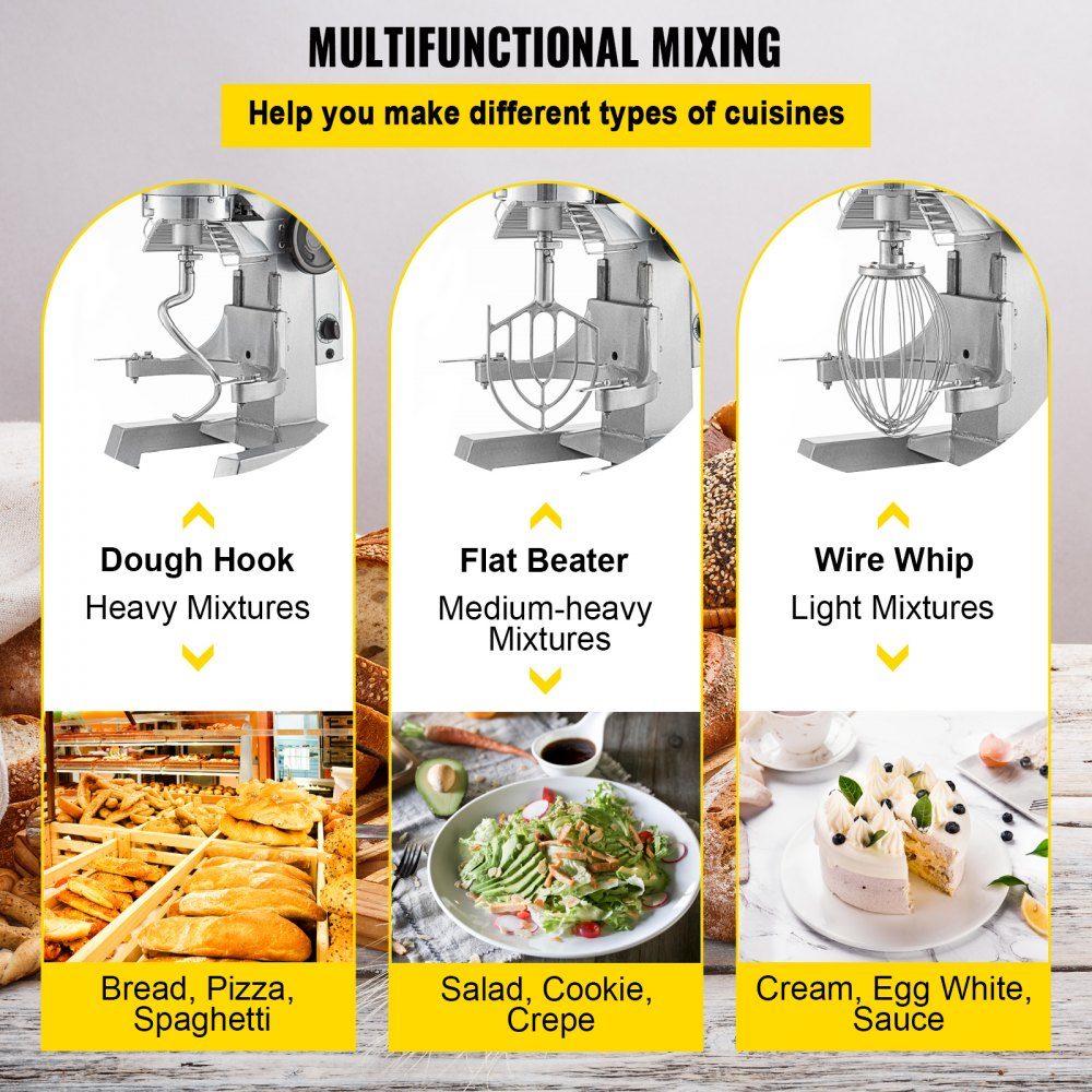 Kneading machine food processor, 14L bowl capacity kneading machine, 3-speed whisk, dough hook, wire rope, stainless steel bowl dough machine 500W, silver food processor timer function