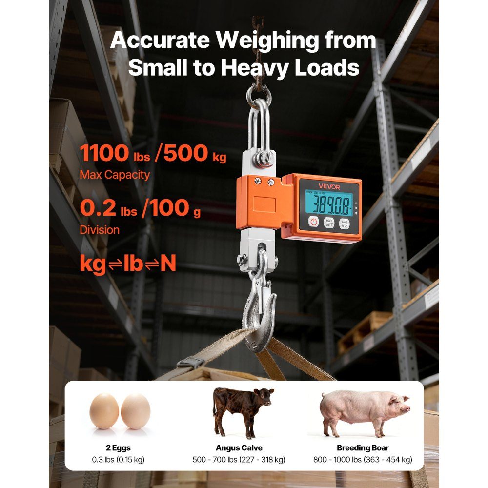Crane scale 500 kg, digital industrial scale with cast aluminum housing & LCD display, toy scale 100 g graduation & 3 levels, automatic switch-off, hook scale, pull scale for garages, workshops