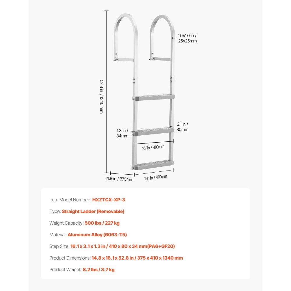 Dock Ladder Removable, Boat Ladder with 3 Non-Slip Steps, Wide Pedals and Handrail, 500lb Aluminum Alloy Pool Ladder, Entry Ladder for Docks, Pools, Lakes, Boats, Silver