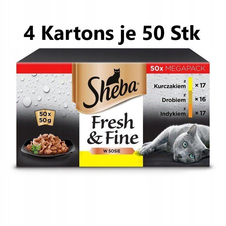 SHEBA Fresh&Fine 200 x 50 g de nourriture humide pour chats en sachets de sauce au poulet, volaille et dinde