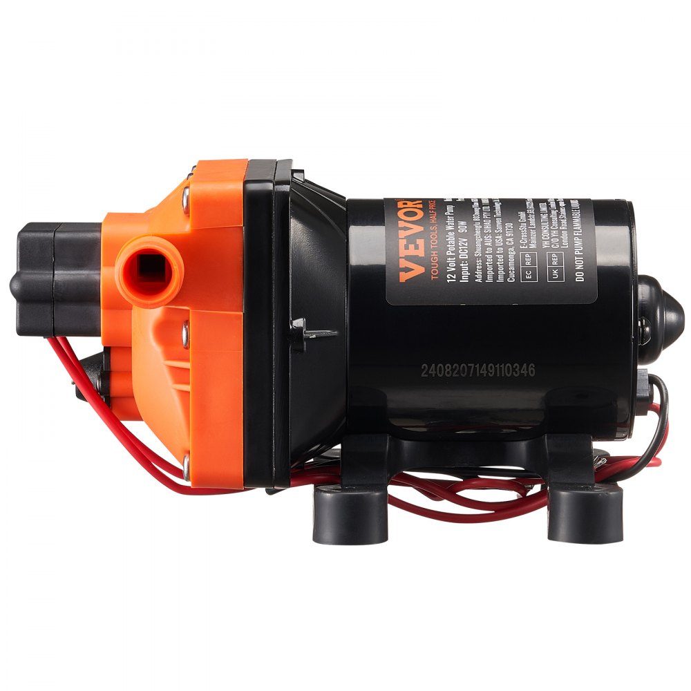 12-V-Membranpumpe, 11,36 l/min, 4-Kammer-Gleichstrom-Wasserpumpe mit automatischem Druckschalter, 40–100 PSI, verstellbar, 55 PSI, 1/2 Zoll MNPT-Anschluss für Wohnmobil, Yacht, Food Truck, Camper, Marine