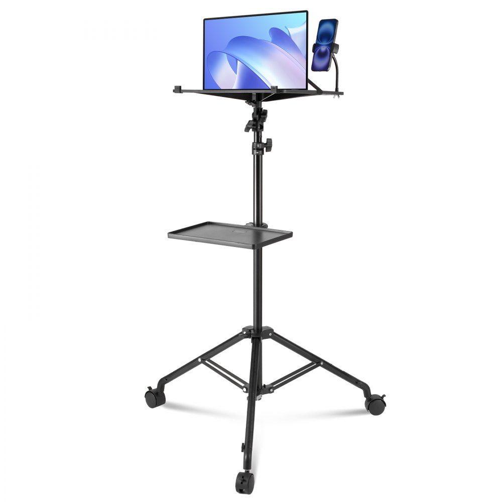 Projectorstandaard met wielen, laptopstandaard, statief, in hoogte verstelbaar van 795 tot 1710 mm, projectorstatief met 2 planken en zwanenhals telefoonhouder, buiten/kantoor/studio, thuis