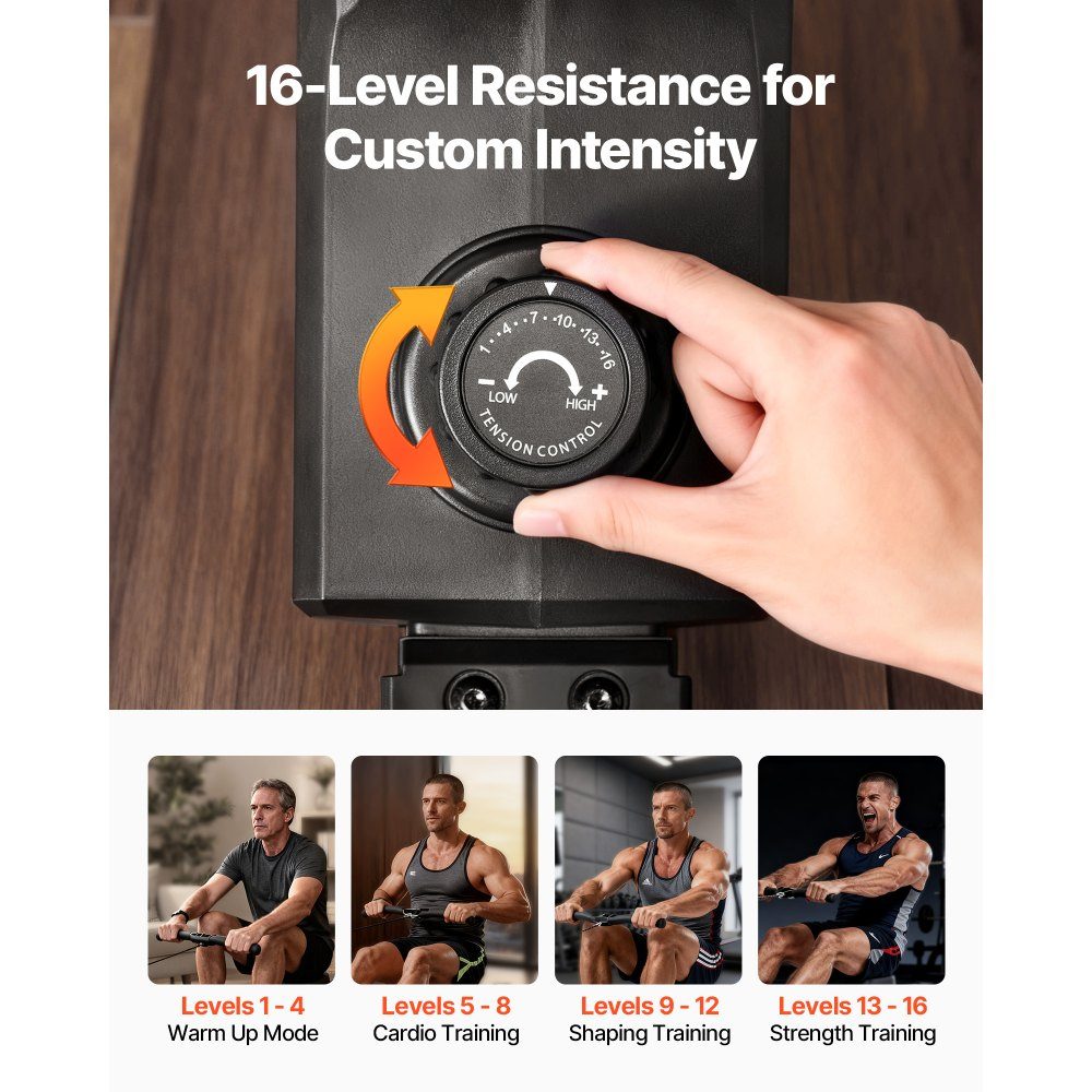 Quiet Magnetic Rowing Machine with 16 Resistance Levels, Foldable Home Rowing Machine with Smooth Pulley Design and LCD Monitor, Bluetooth App Compatible, 158kg Load Capacity