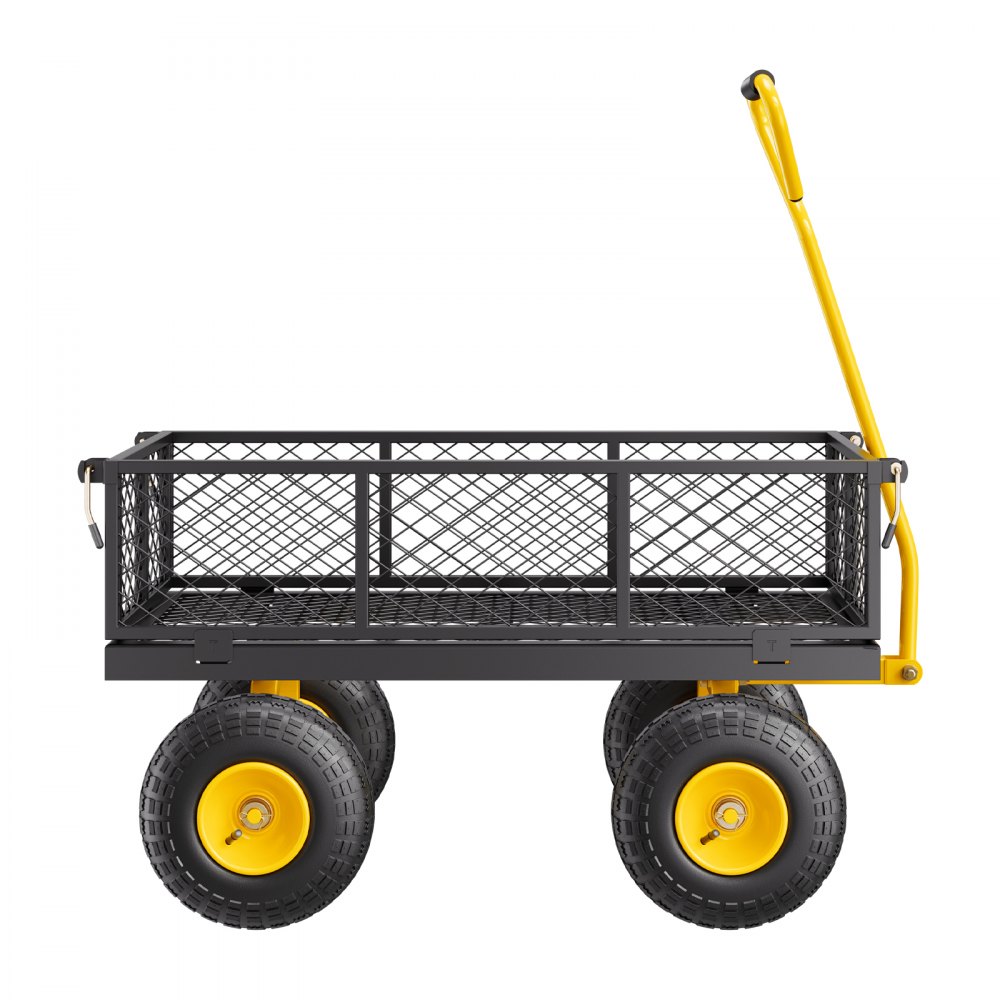 Handwagen 226,80 kg, transportwagen, tuinwagen, materiaalwagen, steekwagen met grote offroad-banden, afneembare zijpanelen van gaasmateriaal en 180° draaibare handgreep, geel/zwart Handwagen 226,80 kg, transportwagen, tuinwagen, materiaalwagen, steekwagen met grote offroad-banden, afneembare zijpanelen van gaasmateriaal en 180° draaibare handgreep, geel/zwart