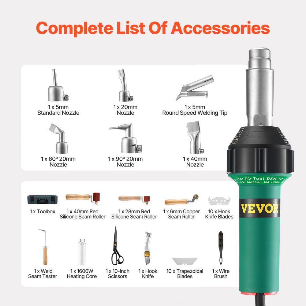Hot Air Plastic Welder, 1600W Heat Gun, 50-600°C PVC TPO Vinyl Welding Torch, Hot Air Welder Set with 17 Accessories - Tool Box, Nozzle, Roller, Blades for PP/PE/PVC