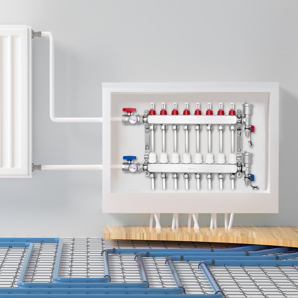 Wärmeverteiler mit 8 Zweigen, 1/2-Zoll-PEX-Rohrverteiler, PEX-Verteiler aus Edelstahl für hydronische Fußbodenheizung, Wärmeverteilungs-PEX-Verteiler-Kit mit 1/2-Zoll-Adaptern im Lieferumfang enthalten