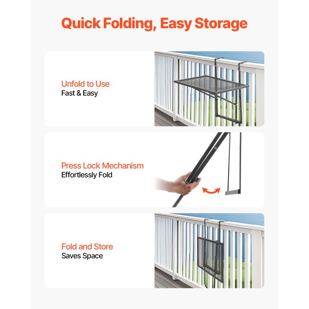 Balkontisch, 61 x 41 cm, klappbarer Metall-Balkon-Hängetisch, Klapptisch für Außengeländer, 5-stufig verstellbar, passend für Geländer von 2,5 bis 11,9 cm, Serviertisch für Terrasse und Terrasse