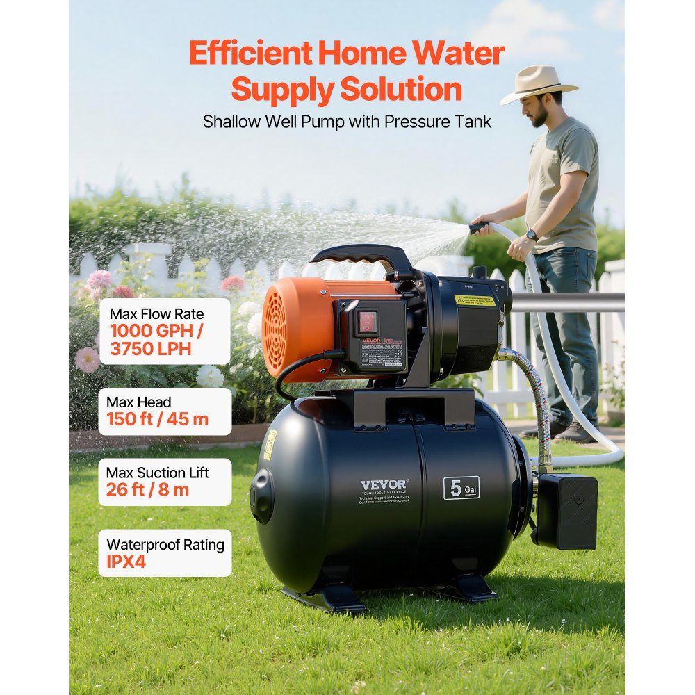 Aqueduc domestique Pompe à jet 735 W, 3750 L/h avec réservoir sous pression de 19 L, hauteur de refoulement de 45 m, avec système d'alimentation en eau automatique et tête de pompe en fonte, pour l'irrigation du jardin et l'approvisionnement en eau domest