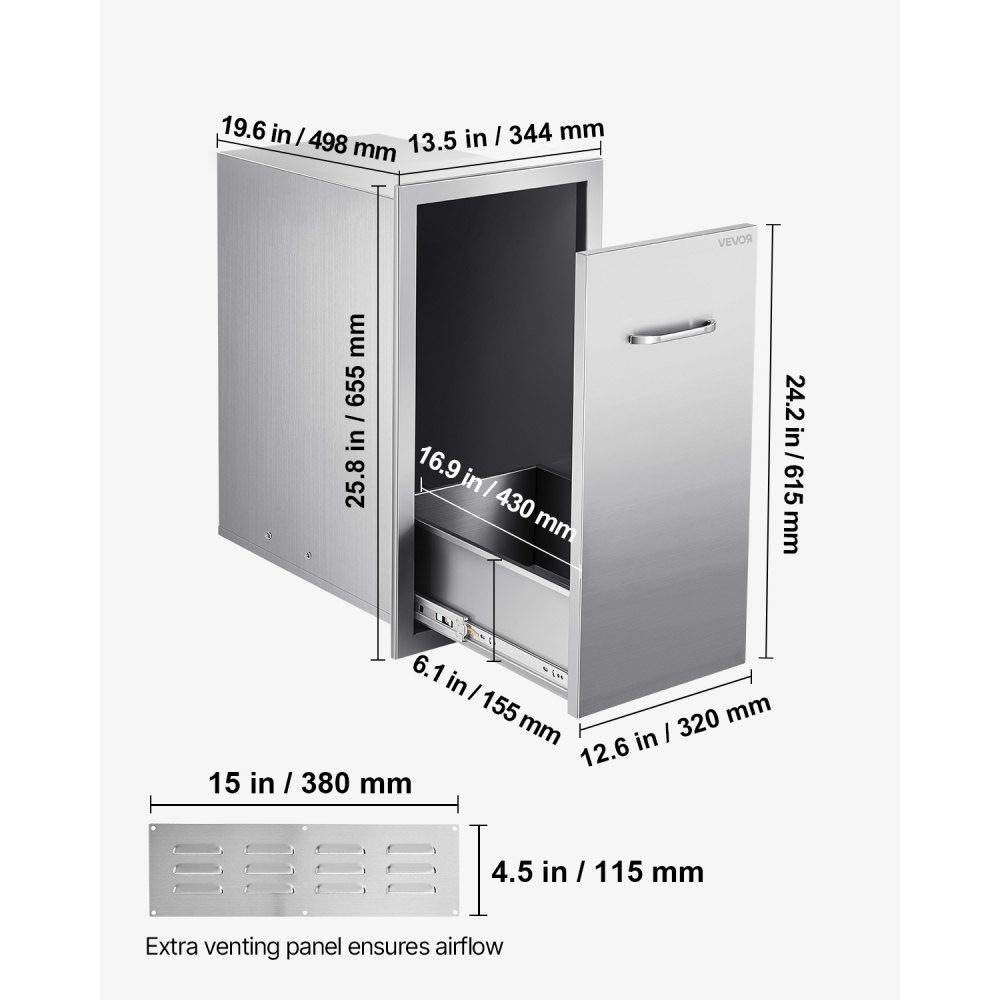 Trash Drawer for Outdoor Kitchen BBQ Kitchen Islands 344 x 498 x 655mm (W x D x H) Indoor Storage Multipurpose Stainless Steel Kitchen Drawers for Propane Gas Bottles Max 25kg (No Trash Cans)