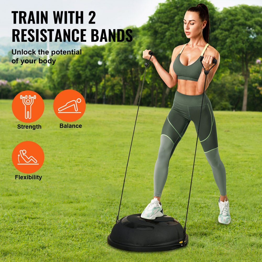 Halve oefenbaltrainer, 26" balansbaltrainer, draagvermogen van 680 kg, stabiliteitsbal, yogabal met weerstandsbanden en voetpomp, krachtfitnessbal voor thuis, sportschool, zwart