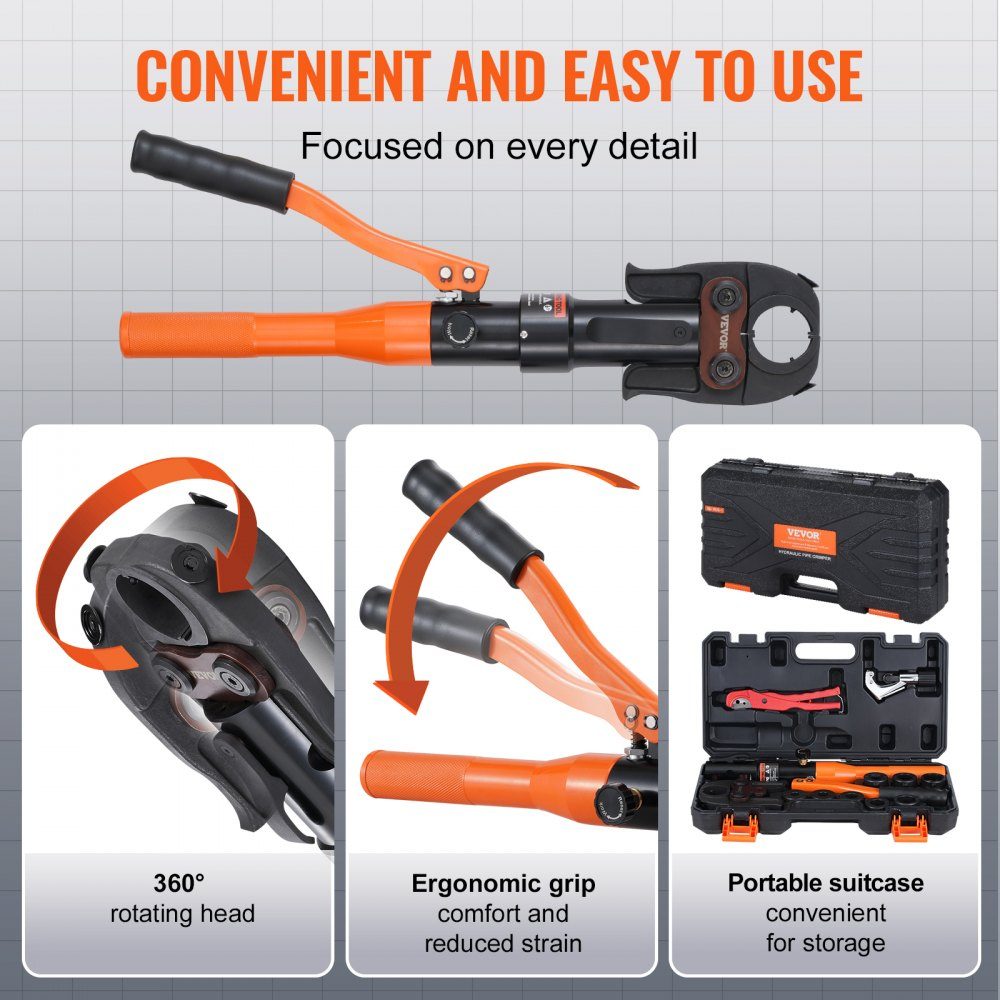 Hydraulic pipe crimping tool for copper pipe connections, pressing pliers with V12, V15, V18, V22, V28 quick-change jaws, 360° rotating press set for T-connections in tight spaces, hydraulically powered