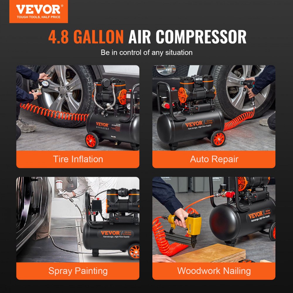 Luchtcompressor van 4,8 gallon, 1,2 pk, 2,2 CFM bij 90 PSI, olievrije luchtcompressortank en maximale druk van 116 PSI, 70 dB ultrastille compressor voor autoreparatie, bandenspanning, spuitverf, spijkeren van houtwerk Luchtcompressor van 4,8 gallon, 1,2 pk, 2,2 CFM bij 90 PSI, olievrije luchtcompressortank en maximale druk van 116 PSI, 70 dB ultrastille compressor voor autoreparatie, bandenspanning, spuitverf, spijkeren van houtwerk