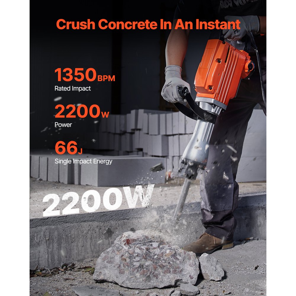 Hochleistungs-Betonbrecher, Abbruchhammer 2200 W, elektrischer Abbruchhammer, Bohrhammer, Betonhammer, Stemmhammer 1400 BPM, inklusive 6 Meißel, Spitzmeißel, Flachmeißel, Schabmeißel für Schiefer, Beton usw