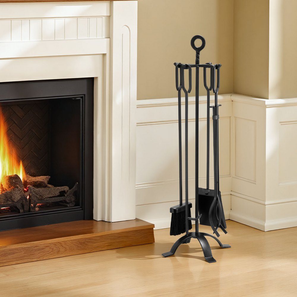 Kaminbesteck-Set, 5-teiliges Herdbesteck-Set, vierzackiger Ständer, Zange, Ascheschaufel, Bürste, Schürhaken, Kamin-Set, schmiedeeisernes Kaminzubehör für Lagerfeuer, Kamin, Schwarz