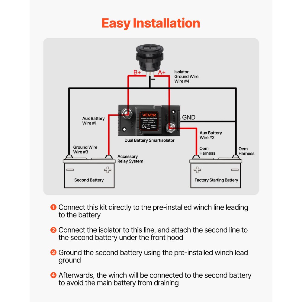Dual Battery Disconnect Relay Kit, 12V 80A 0.6m 13.3mm² (6AWG) VSR Voltage Sensitive Relay with Voltmeter LCD Screen Battery Isolator Switch Compatible with Lead Acid Batteries for UTV ATV