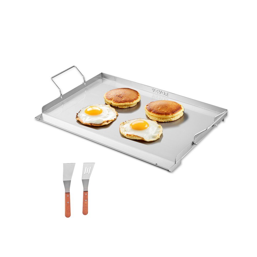 Plaque de gril Poêle à griller Plaque rectangulaire universelle en acier inoxydable (585 x 365 mm) avec dessus plat, plaque de cuisson à gaz pour barbecue Teppanyaki, batterie de cuisine familiale portable avec poignée