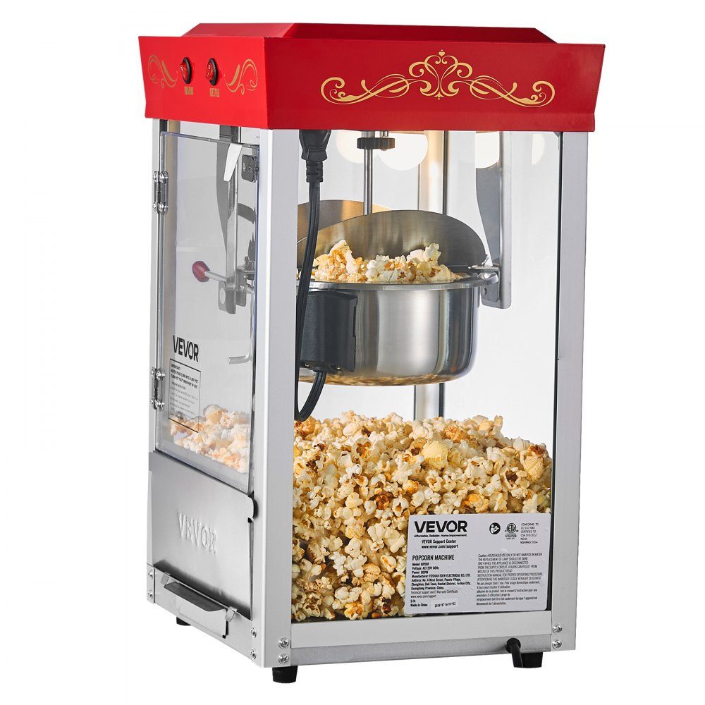Popcorn Machine with Stainless Steel Boiler, 800W Commercial Popcorn Machine, 48 Cups per Load, Cinema Style, with 2 Button Control, Glass Wall, PC Door, 1 Scoop, 3 Spoons, Red