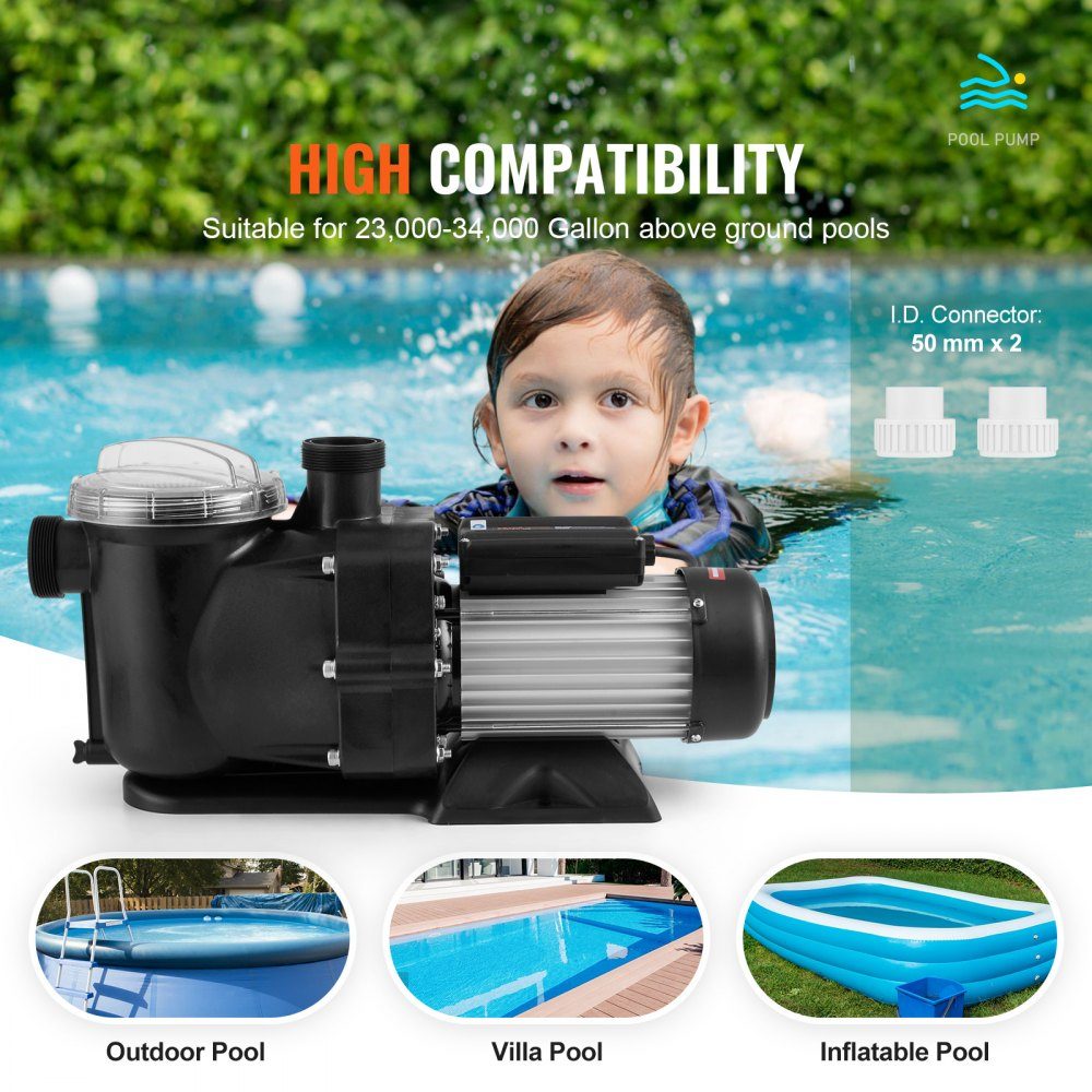 Swimming Pool Pump 1.5HP 100GPM Max Flow Single Speed ​​Pool Pump 220V 2850RPM 50ft Maximum Head Filter Pump with Filter Basket for Above Ground Pools Hot Tubs Spas