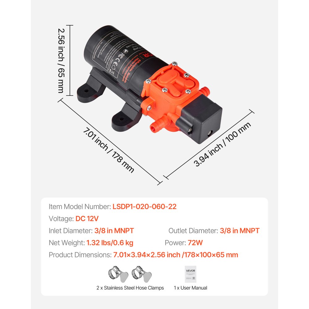 Membraanpomp, 12V DC, 4,5L/min, zelfaanzuigende 2-kamer membraanwaterpomp met 2 slangklemmen, 5,5 bar max. druk, stille werking, voor camper, caravan, boot, tuinbesproeiing Membraanpomp, 12V DC, 4,5L/min, zelfaanzuigende 2-kamer membraanwaterpomp met 2 slangklemmen, 5,5 bar max. druk, stille werking, voor camper, caravan, boot, tuinbesproeiing