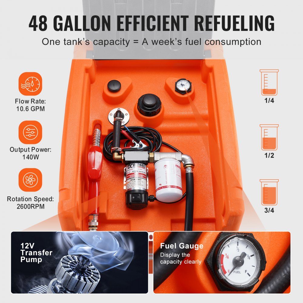 Portable diesel tank, 48 gallon capacity, 10.6 GPM pump speed, includes 12V electric pump, 13.1ft hose and automatic nozzle, orange diesel fuel tank for smooth transportation