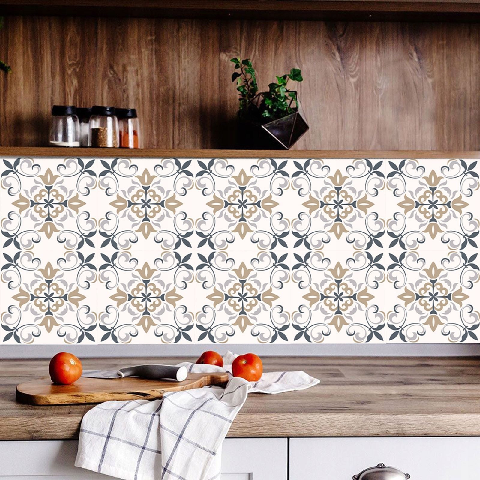 9x selbstklebende PVC-Fliesen, 30x30 cm, ORIENTALISCHE BLUME beige
