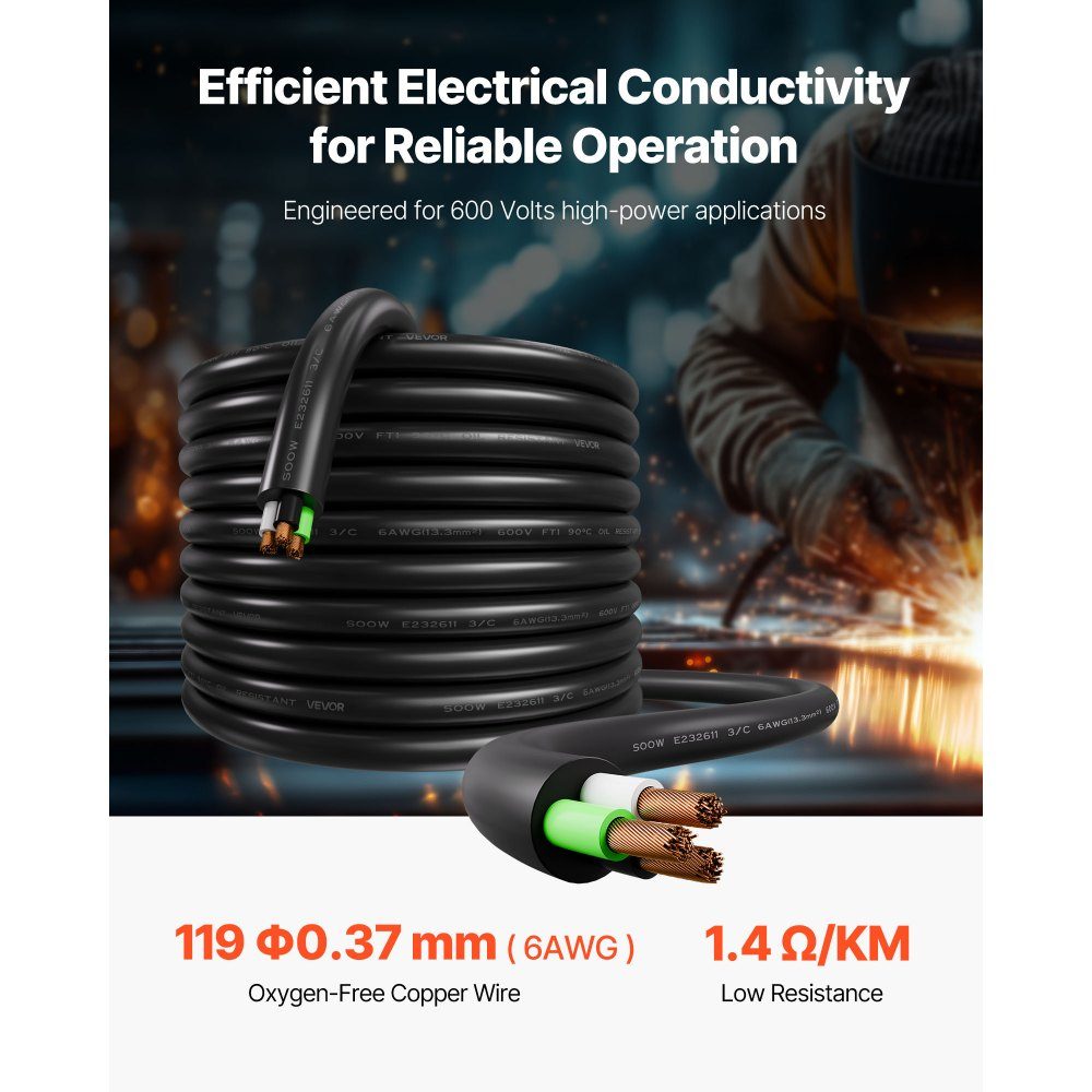 25ft 6AWG (16mm²) Electrical Cable Power Cable Copper Extension Cable 600V