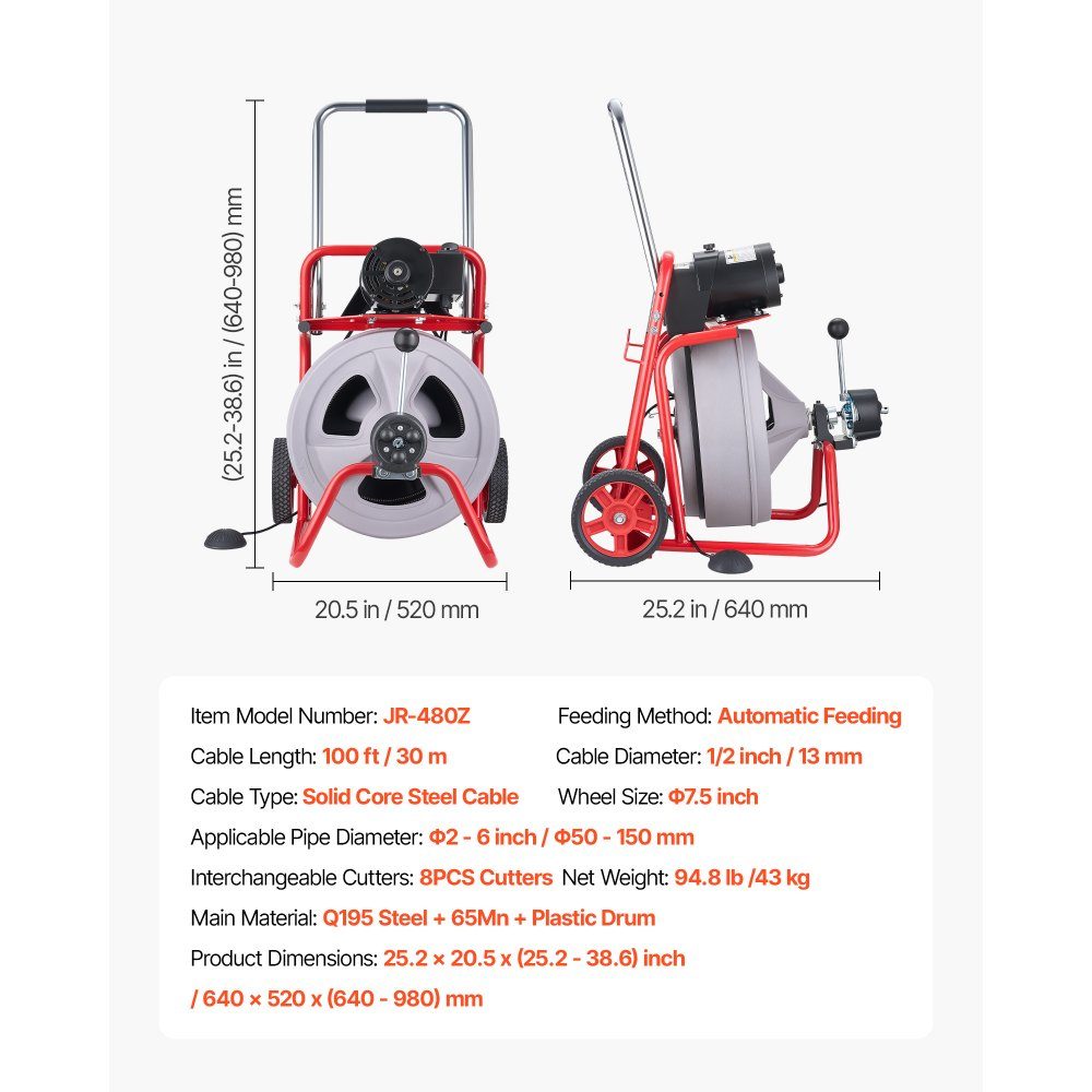 Rohrreinigungsmaschine 30 m x 13 mm, Rohrreinigungsgerät mit automatischem Vorschub, 8 Schneidwerkzeugen & pneumatischem Fußschalter, Rohrreiniger für Rohrdurchmesser von 50 bis 150 mm