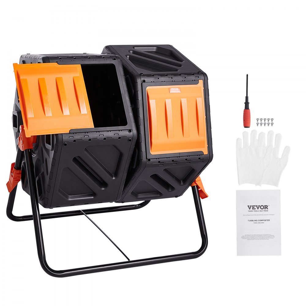 Trommelcomposter 140 L, trommelcomposter roterende dubbelkamer-trommelcomposter 785 x 605 x 795 mm, 40 kg zware tuincomposter incl. handschoenen