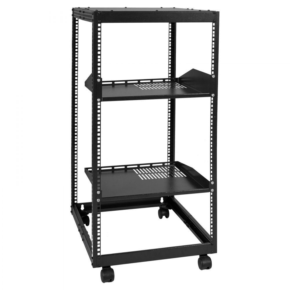 20U open frame server rack, freestanding or wall mounted network server rack, 4 post AV rack with wheels, can accommodate all your network IT equipment and AV equipment