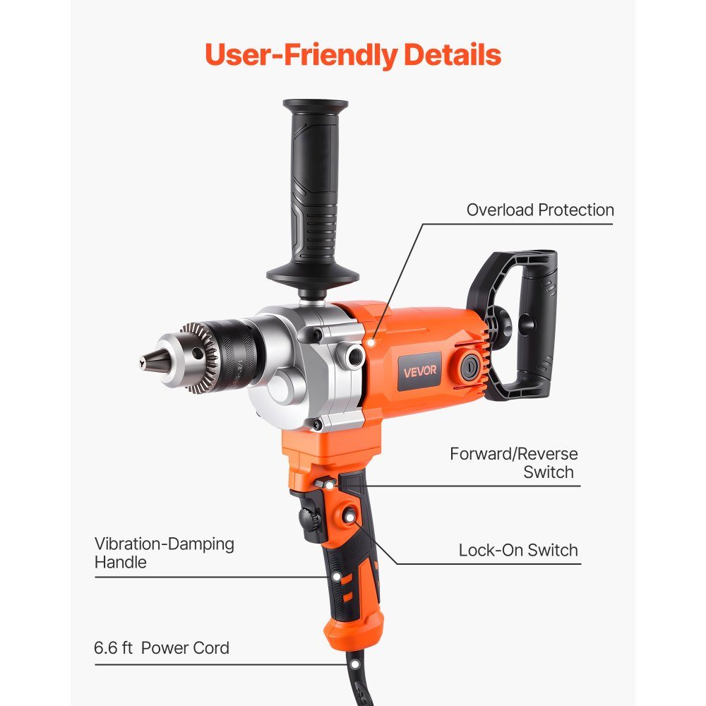 Perceuse électrique 15,89 mm 1200 W avec mélangeur, ensemble de mélangeur, 750 tr/min, 3,2 A, perceuse avec poignée en D pour percer et mélanger, mélangeur à béton manuel pour alimentation du ciment