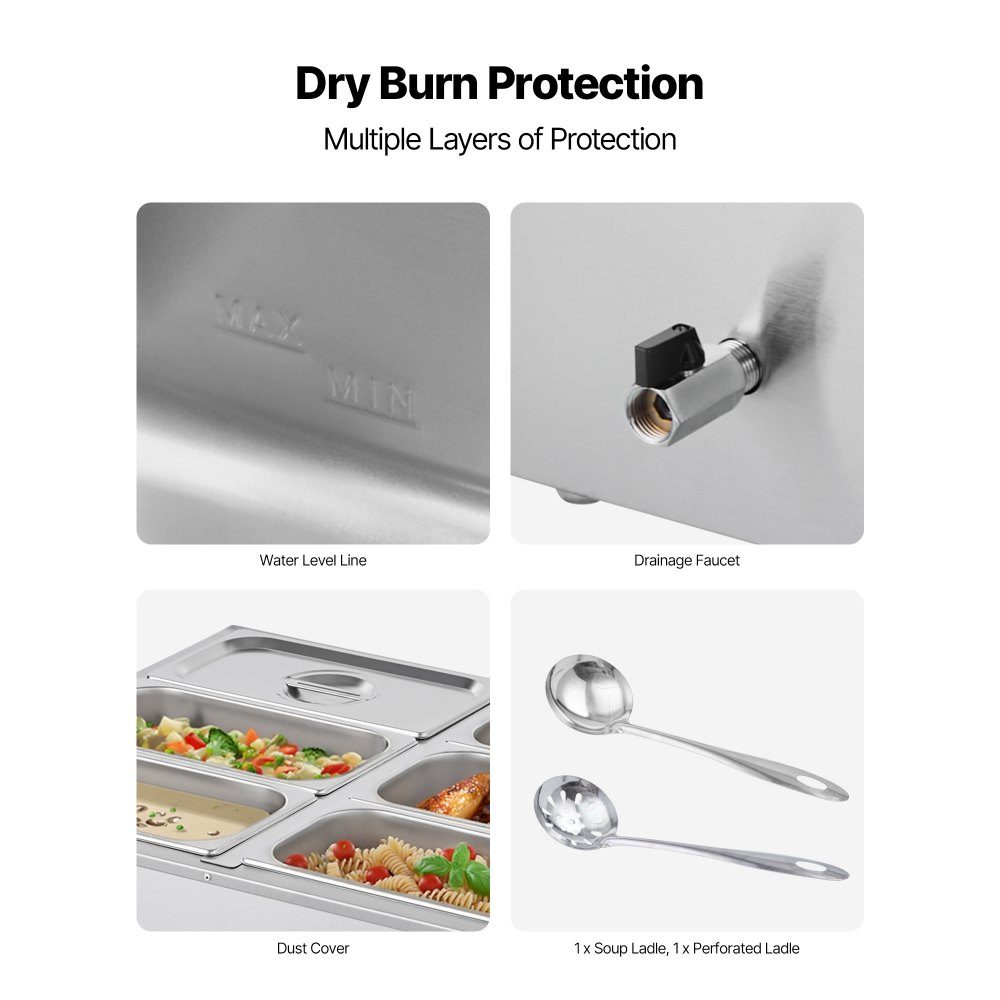 Réchauffeur de nourriture commercial (6 récipients de taille 1/3), récipient chauffant électrique en acier inoxydable de 1,5 kW avec couvercle et louche à soupe, ensemble de réchauds pour restauration, restaurant, fête