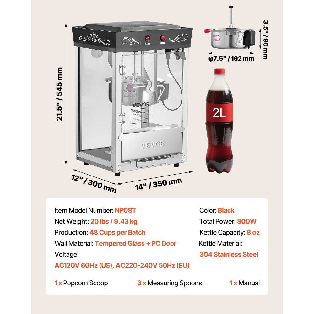 Popcorn Machine with Stainless Steel Boiler, 800W Commercial Popcorn Machine, 48 Cups per Load, Cinema Style, with 2 Button Control, Glass Wall, PC Door, 1 Scoop, 3 Spoons, Black
