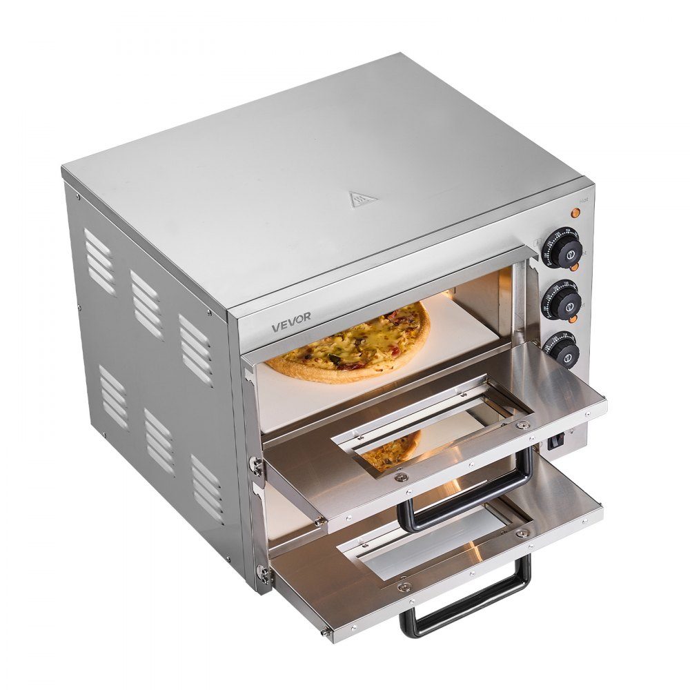 Commercial Countertop Pizza Oven, 14 Inch Double Decker Layer Stainless Steel Electric Pizza Oven with Stone and Handle, Multipurpose Indoor Pizza Machine for Baking Pretzels in Restaurant at Home