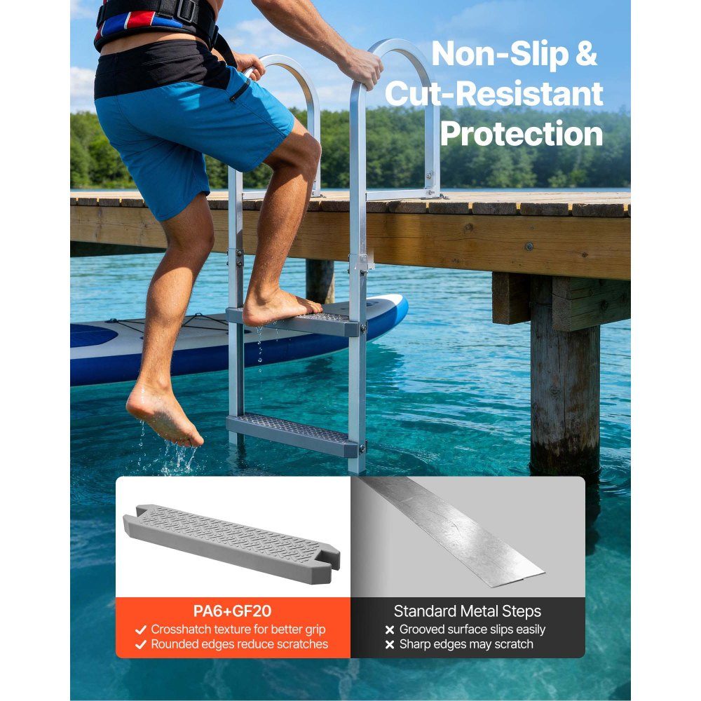 Dock Ladder Removable, Boat Ladder with 3 Non-Slip Steps, Wide Pedals and Handrail, 500lb Aluminum Alloy Pool Ladder, Entry Ladder for Docks, Pools, Lakes, Boats, Silver