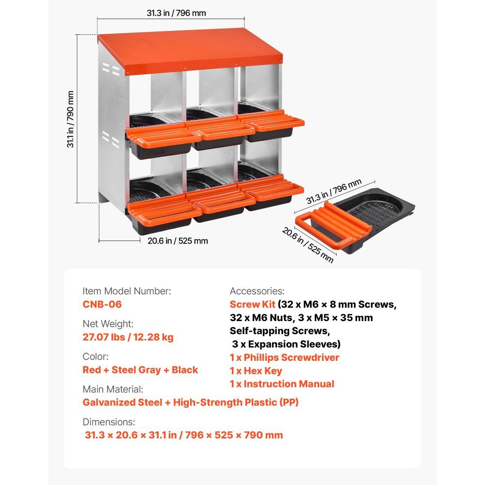 Laying nest, 6 compartments, roll-off nest made of metal, chicken nest with protective collecting lids, roll-off nest, breast nest for chickens, ducks, chickens and other poultry, 796x525x790 mm