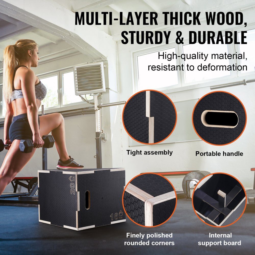 3 in 1 Plyometrische Jump Box 20/18/16 Inch Plyo Box, Jump Box Jump Box 204 kg draagvermogen, fitnessoefening Step Up Box voor thuistraining, sprongkrachttraining, zwart, in hoogte verstelbaar