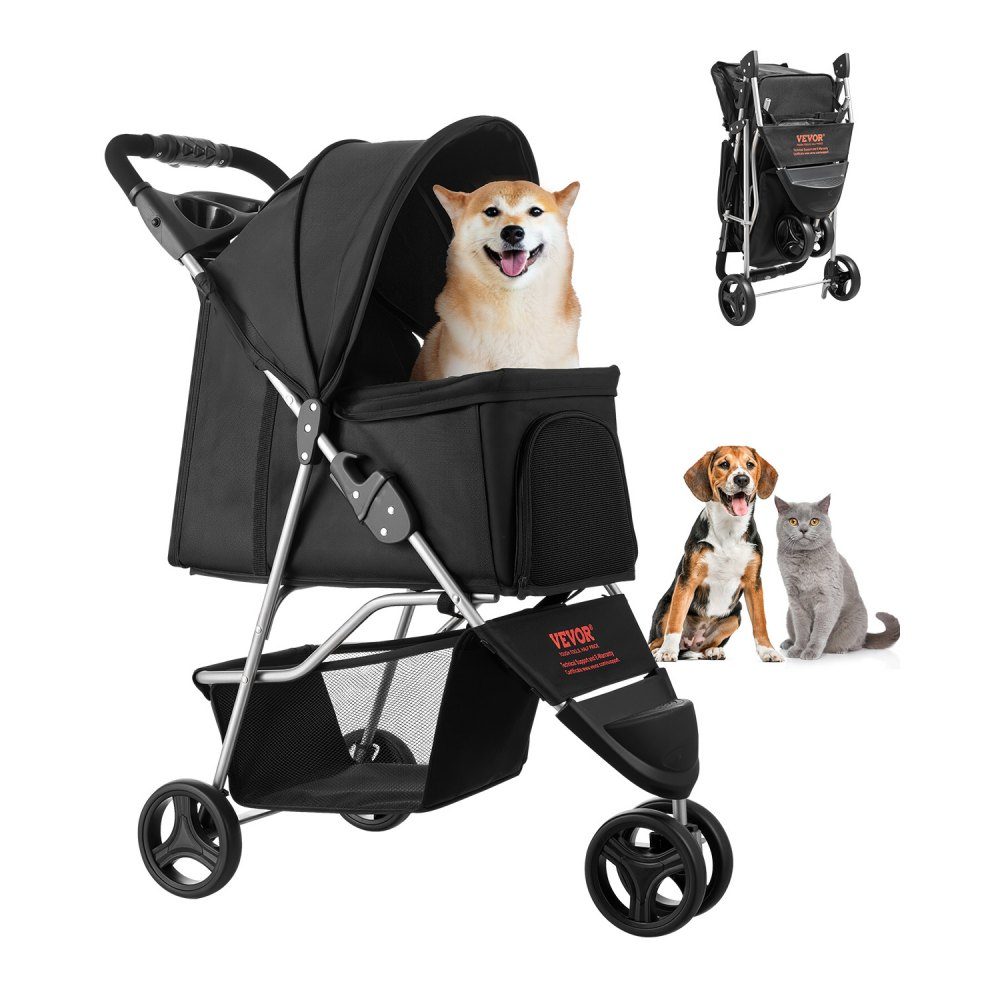 Hundebuggy, Tragfähigkeit 16 kg, faltbarer Haustierbuggy, Katzenbuggy mit 3 Rädern, Netzfenstern und Getränkehaltern, Hundebuggy mit Bremse, für kleine bis mittelgroße Haustiere